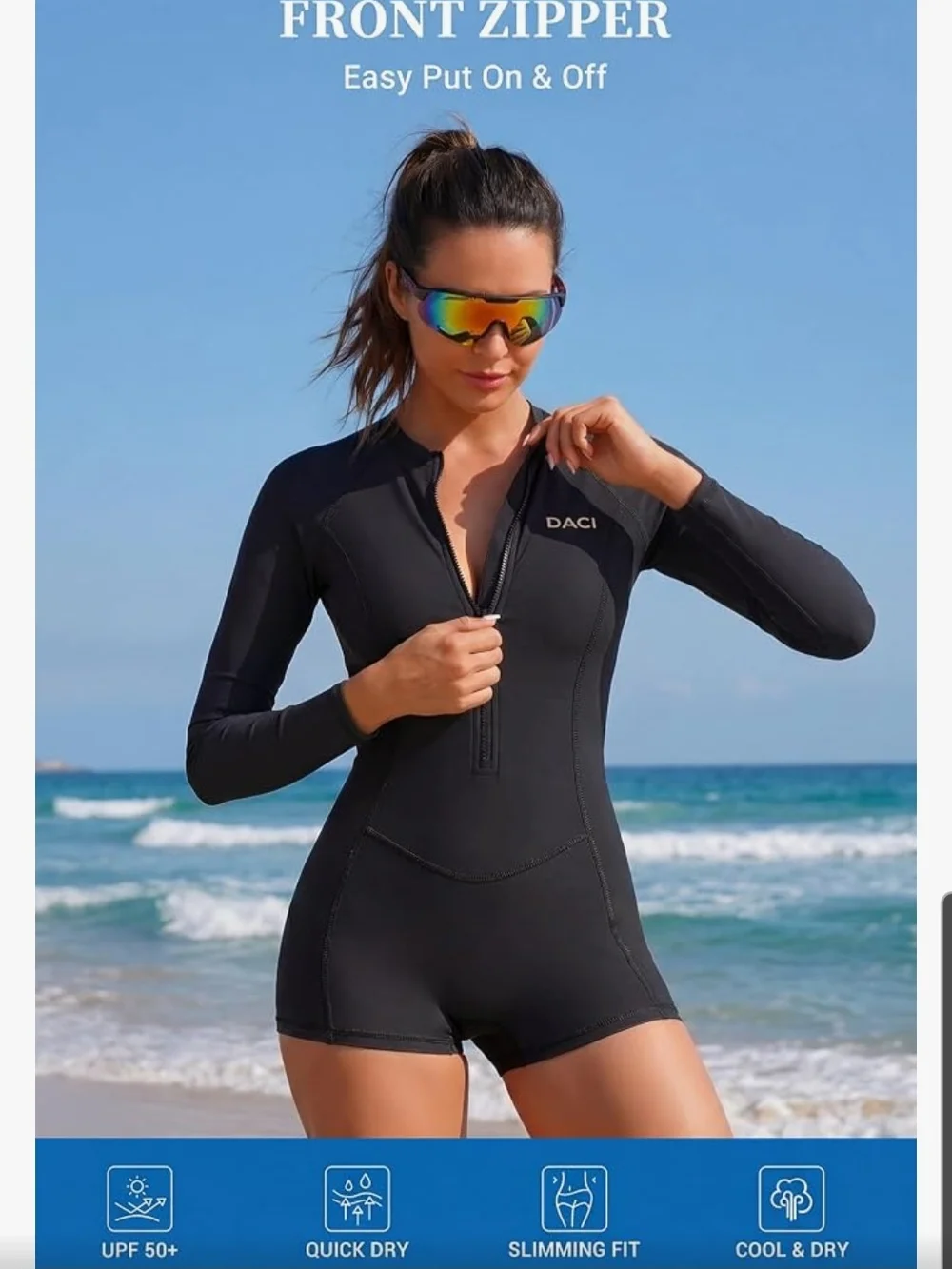 DACI Women's Black Long Sleeve One-Piece Swim Suit with Front Zip Size Sm